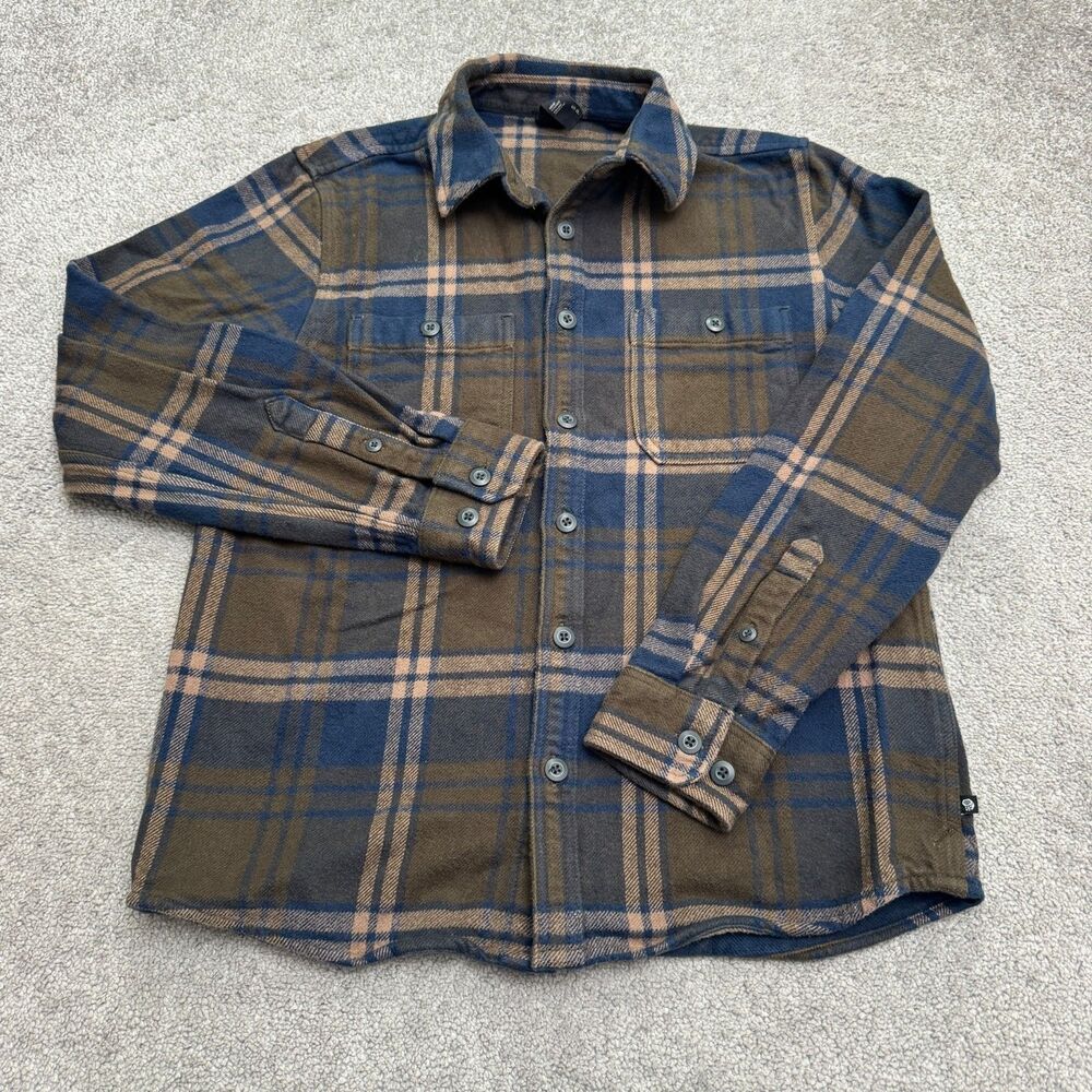 Mountain Hardwear Flannel Shirt Shacket Mens S Blue Brown Plaid Organic Cotton